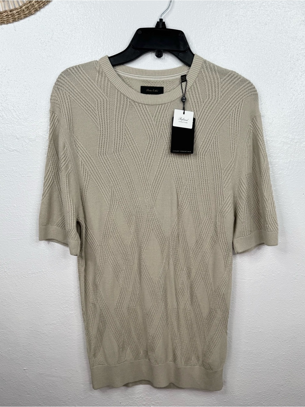 Porter & Ash Textured Beige Knit Crewneck Short Sleeve Sweater Shirt Men's M
